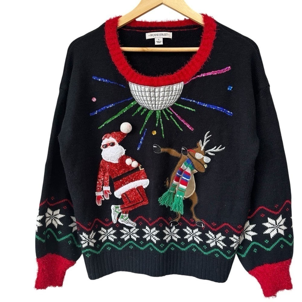 Festive Disco Ball Holiday Santa Reindeer Sweater, Oversized, Small